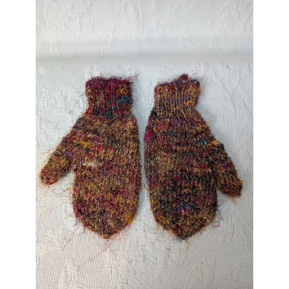 Nepal Silk Woven Beanie Gloves Handknit Multicolor Tassels Fleece Boho Hippie - Picture 7 of 10